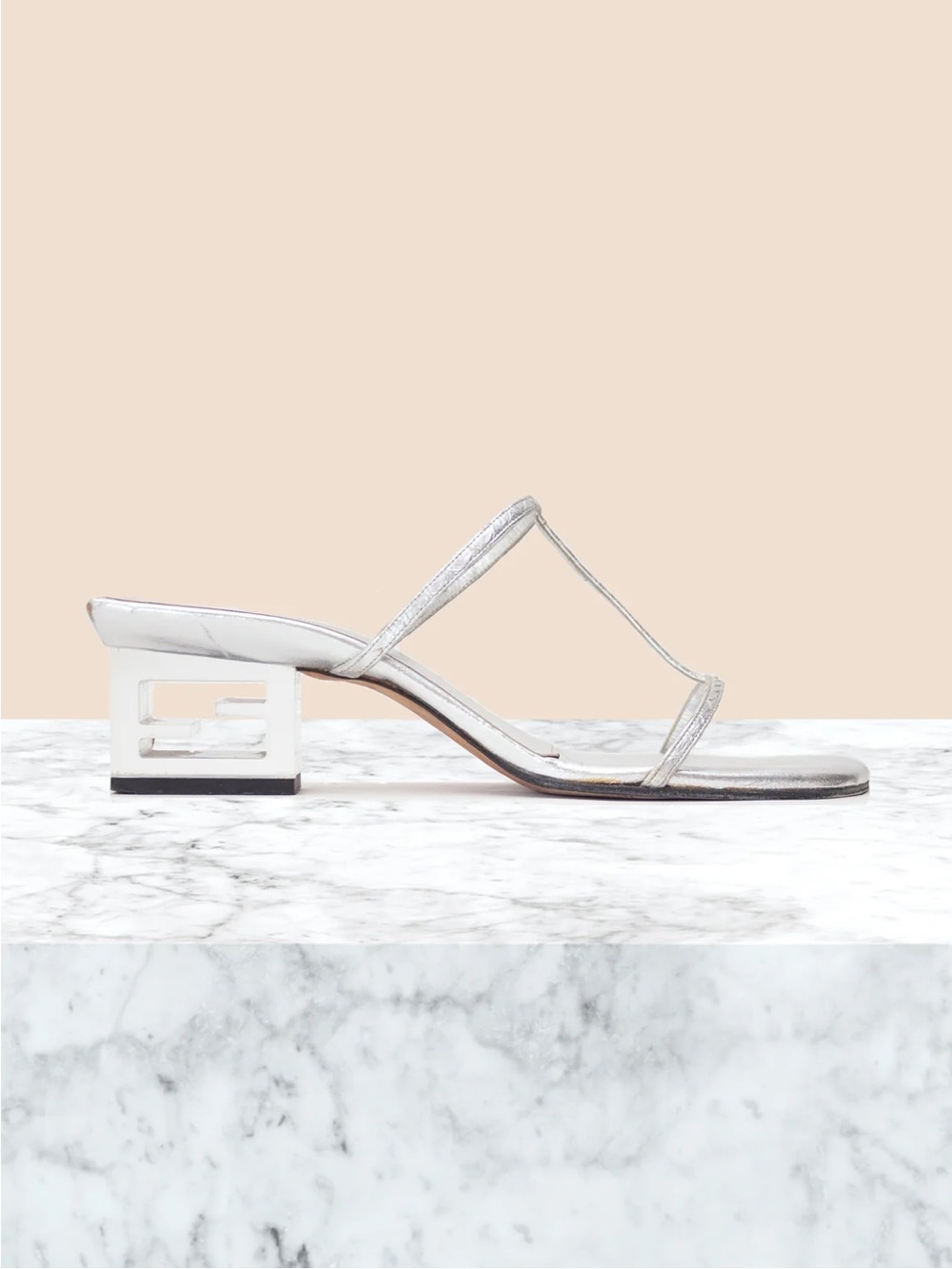 Vintage Y2K Fendi Silver Metallic Strappy Sandals Clear Lucite FF Logo Heels 8